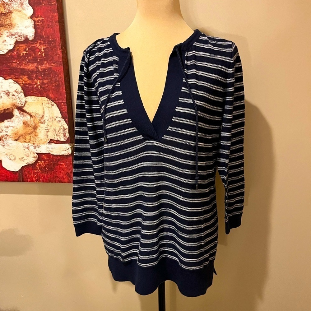 LOFT Nautical Blue and White Stripe Fine gauge Knit Deep V-Neck, size M